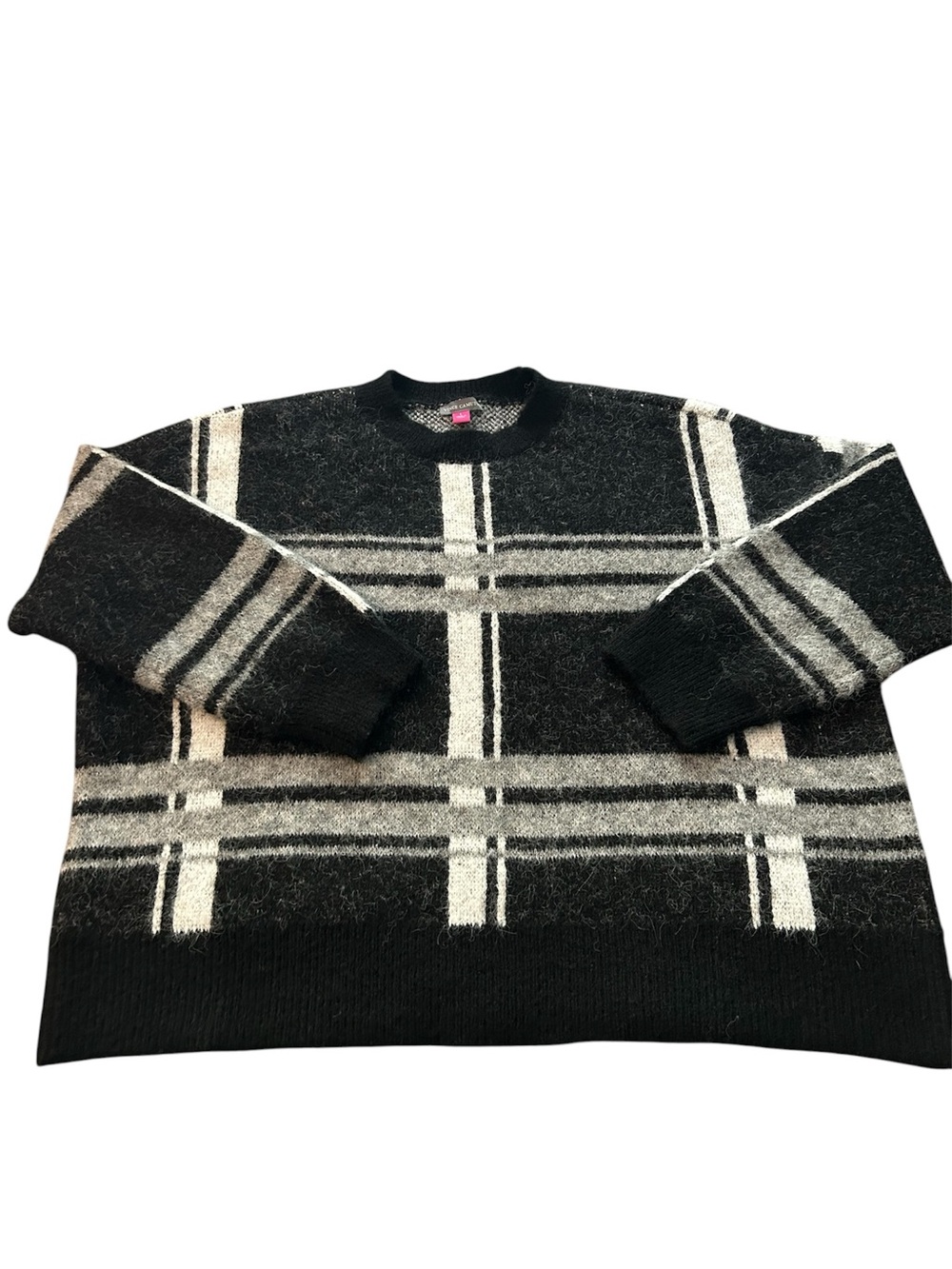 Vince Camuto Women's Black and White Plaid Crewneck Sweater